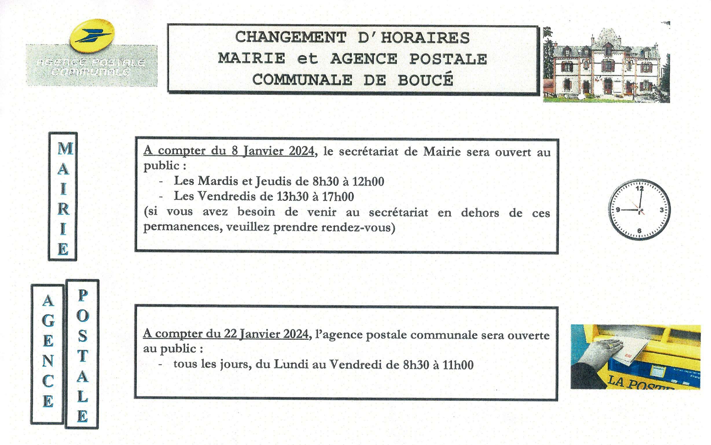 CHANGEMENT D'HORAIRES MAIRIE et AGENCE POSTALE COMMUNALE 